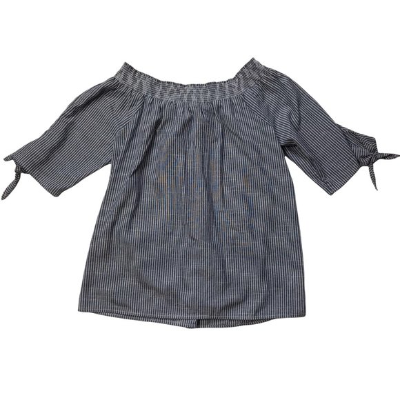 Michelle Thomas Gray and Navy Striped Off The Shoulder Blouse - Picture 2 of 7